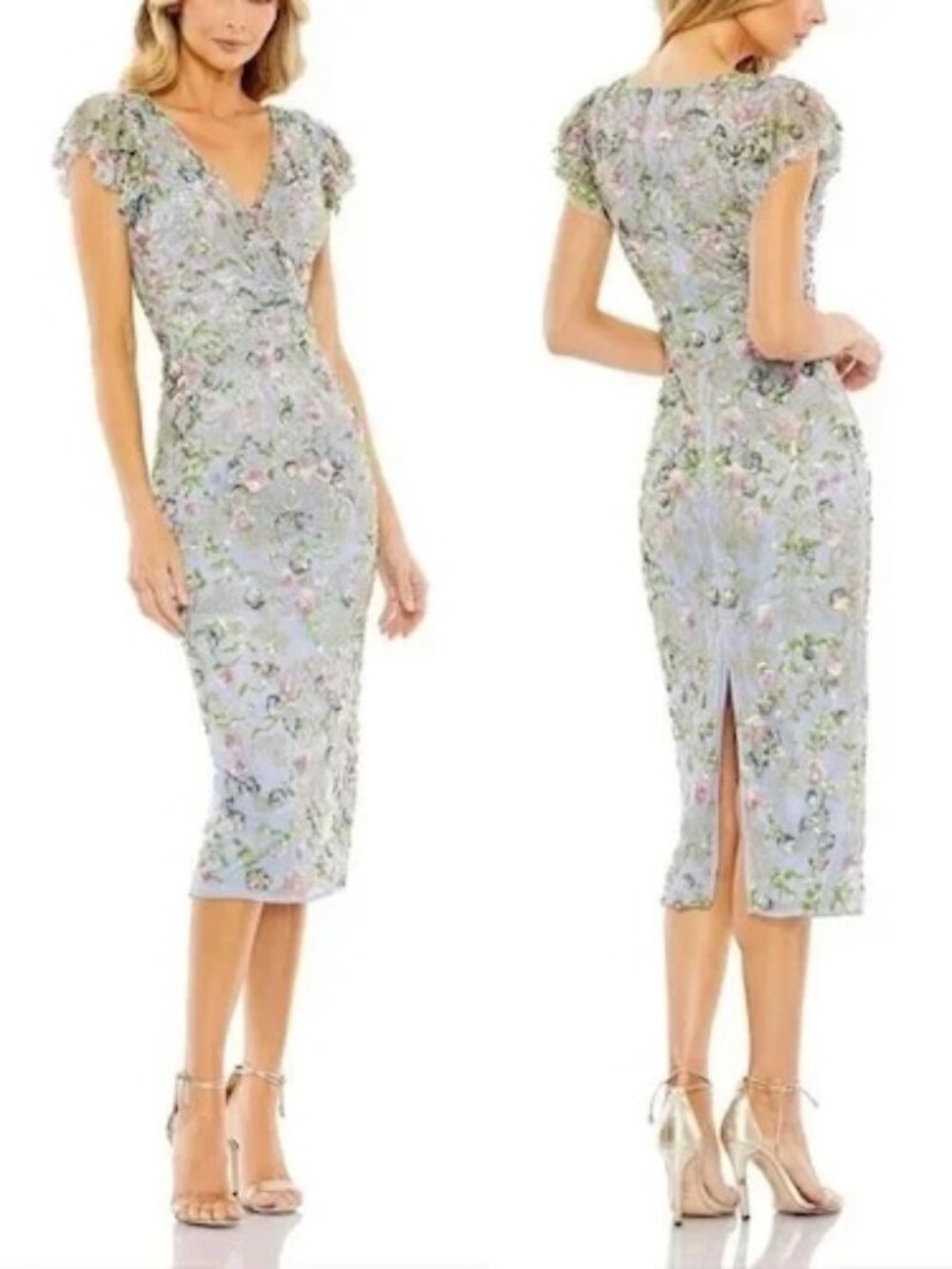 Mac Duggal Slate Blue Floral Embellished Flutter Cap Sleeve Dress